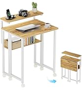 GreenForest Folding Desk with Adjustable Monitor Stand &amp; Storage Shelf, 24.8in Rolling Table with...