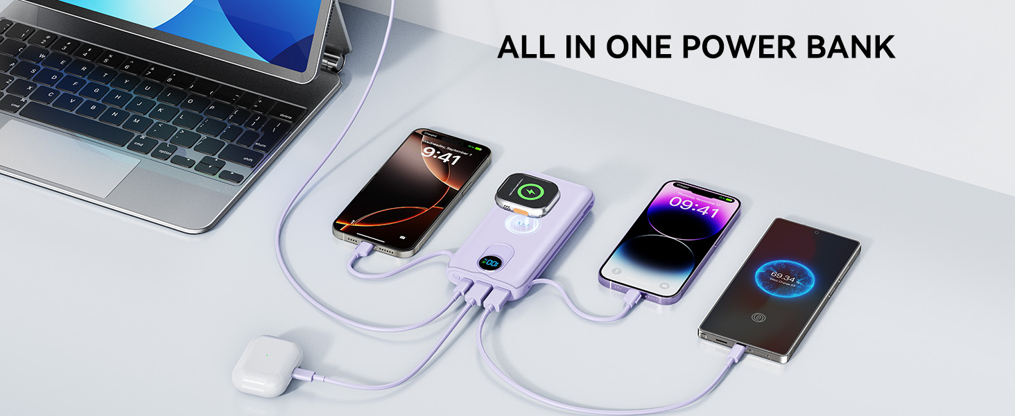 3-in-1 power bank, charge Type-C, USB-A and magnetic devices together.