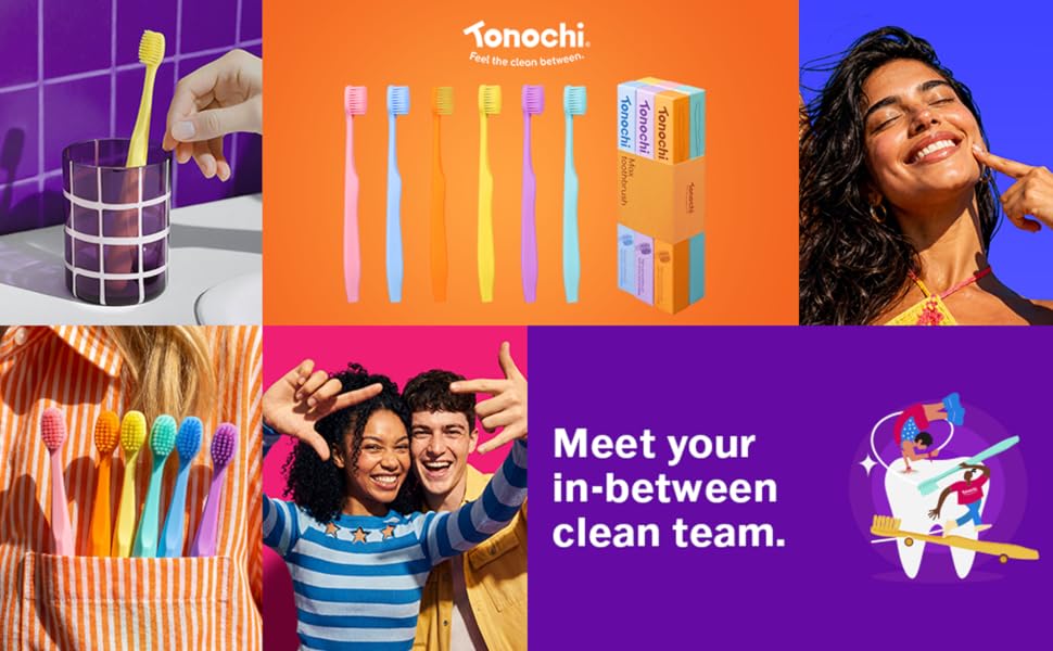 Tonochi Max toothbrush collection with colorful soft bristle toothbrushes and lifestyle images.