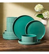 Famiware Star 12-Piece Stoneware Dinnerware Set for 4 – Sage Green, Ceramic Ribbed Plates and Bow...