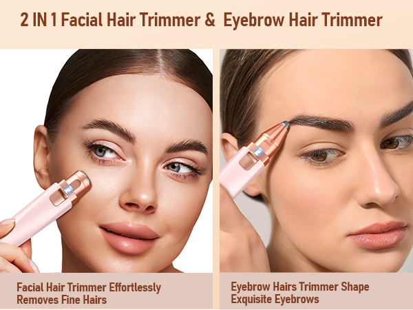 Text reads '2 IN 1 Facial Hair Trimmer &amp; Eyebrow Hair Trimmer', 'Facial Hair Trimmer Effortlessly Removes Fine Hairs', 'Eyebrow Hairs Trimmer Shape &amp; Eyebrow Fine Hairs'. Product demonstration images of facial hair trimming device.