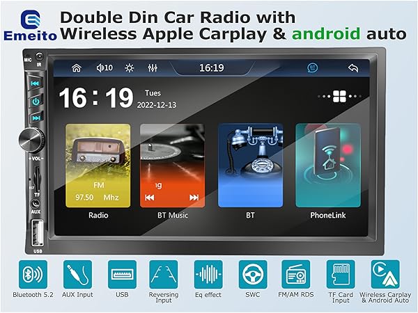 Double din car radio with wireless apple carlay &amp;amp; android auto