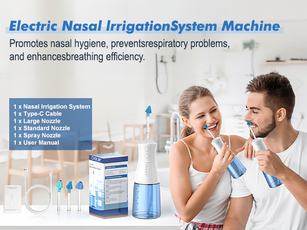 Electric nasal irrigation system with blue water reservoir and white base unit. Product features list and medical device shown with accessories.