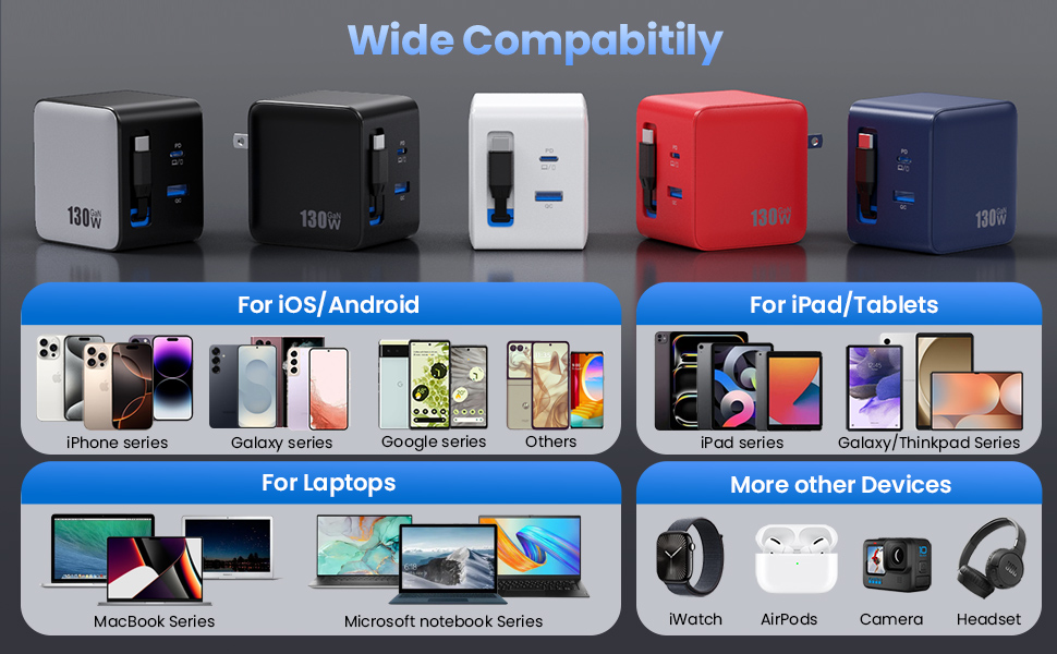 USB C Charger Block Built-in Retractable Cable,GaN Foldable Plug Wall Charger Fast Charging Station