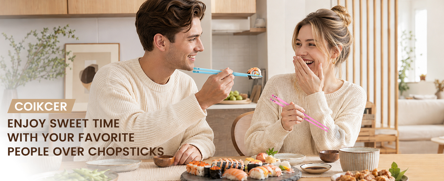 Coikcer colorful fiberglass reusable chopsticks, non-slip adult utensils for family sushi dinner
