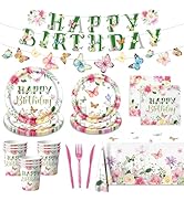 Flower Birthday Decorations, 170Pcs Butterfly Floral Birthday Decorations Tableware Floral Paper ...