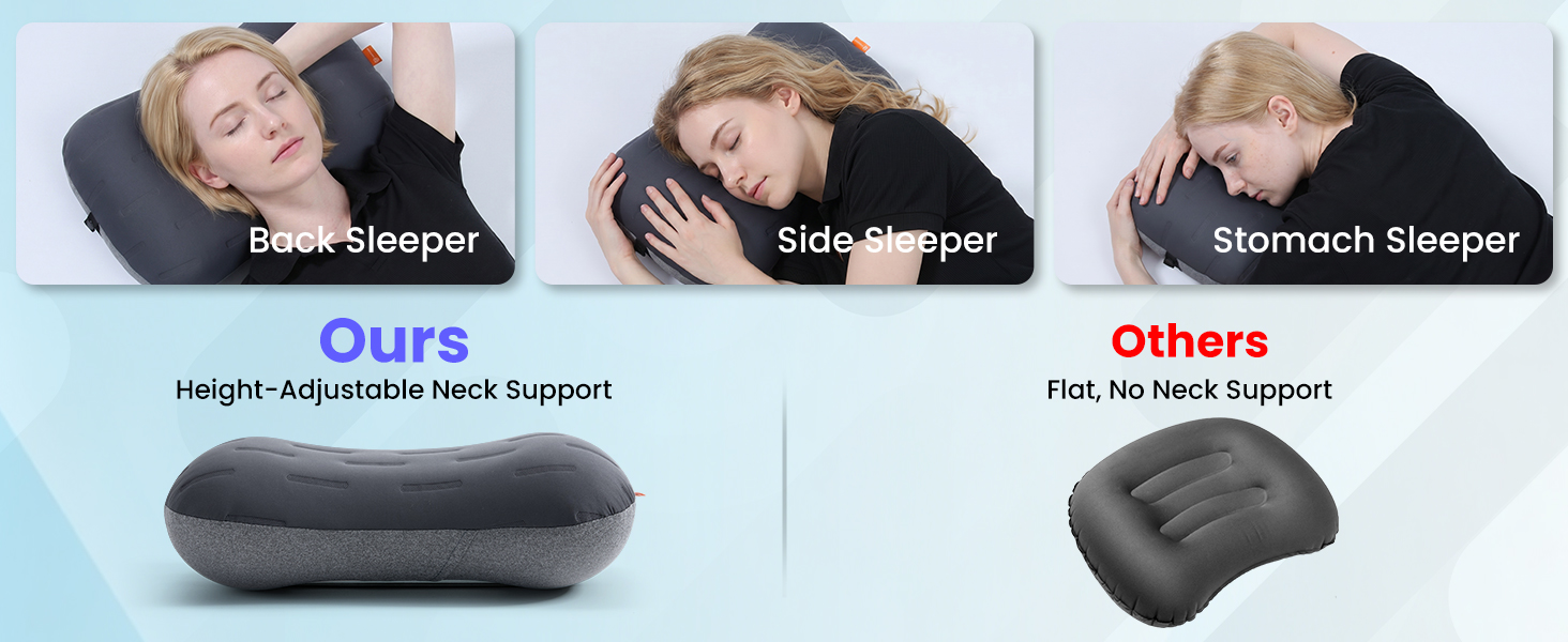 Comparison of a height-adjustable camping pillow versus a flat inflatable pillow