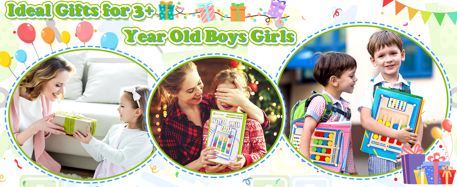Composite image showcasing gift ideas for 3-4 year old children, including educational toys and interactive activities with colorful balloons and bunting decorations.