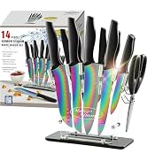 Marco Almond Knife Block Set,14-Piece Rainbow Color Stainless Steel Knife Sets for Kitchen with ...