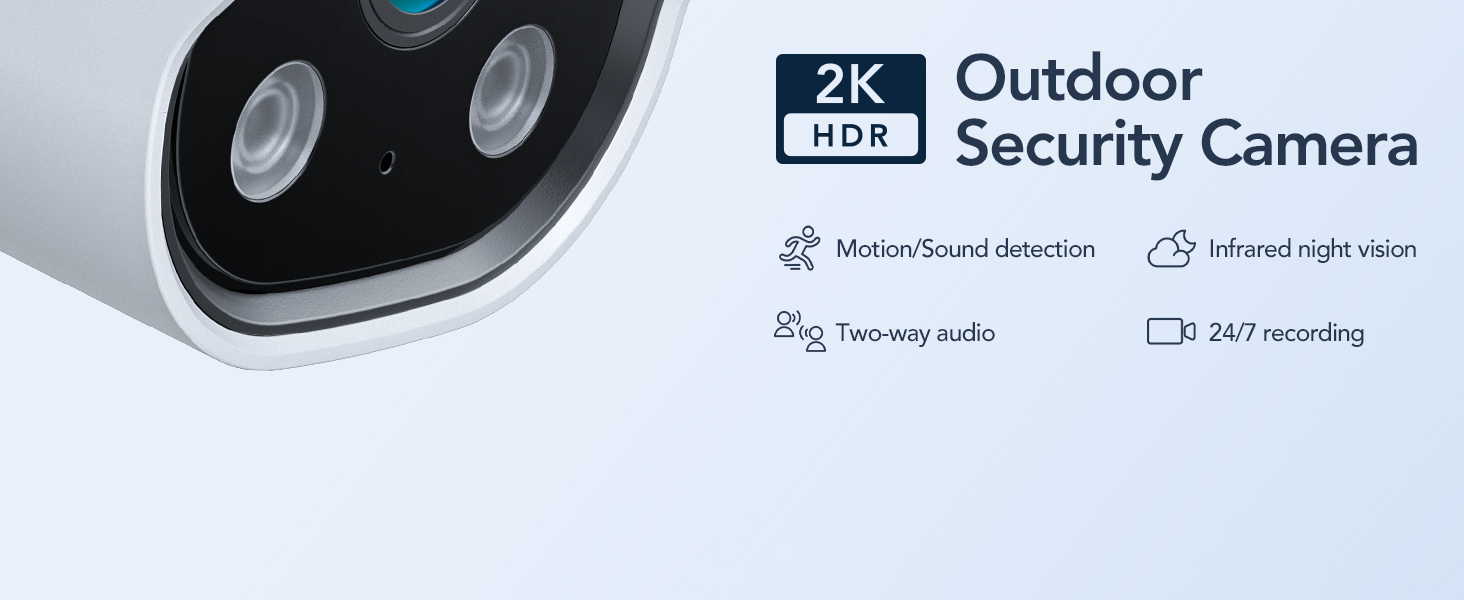White outdoor security camera with dual lenses. Features include 2K HDR resolution, motion/sound detection, infrared night vision, two-way audio, and 24/7 recording.