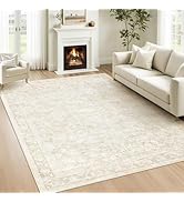 6x9 Area Rugs for Living Room: Washable Vintage Floral Rug Low Pile Non-Slip Boho Carpet for Bedr...