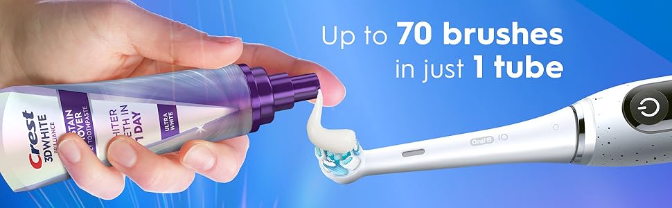 Crest 3DWhite Deep Stain Remover toothpaste 70 brushes in 1 tube, shown with Oral-B toothbrush.