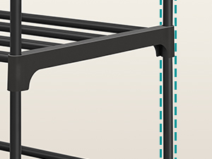 Close-up of black metal shelving or rack system showing vertical support post with mounting brackets or attachments.