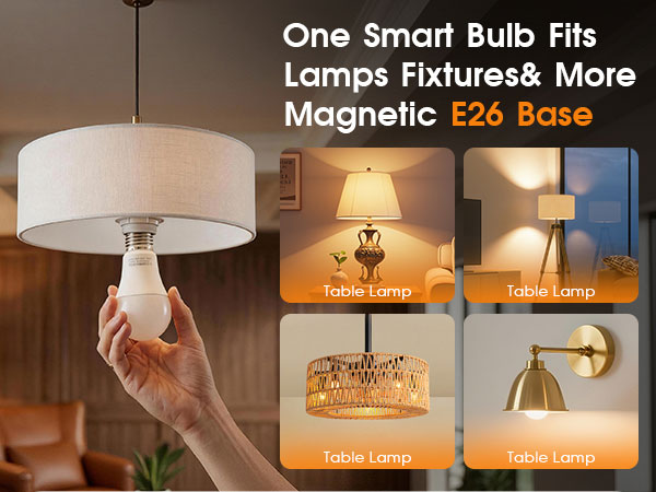 Magnetic E26 smart bulb fits various lamps.