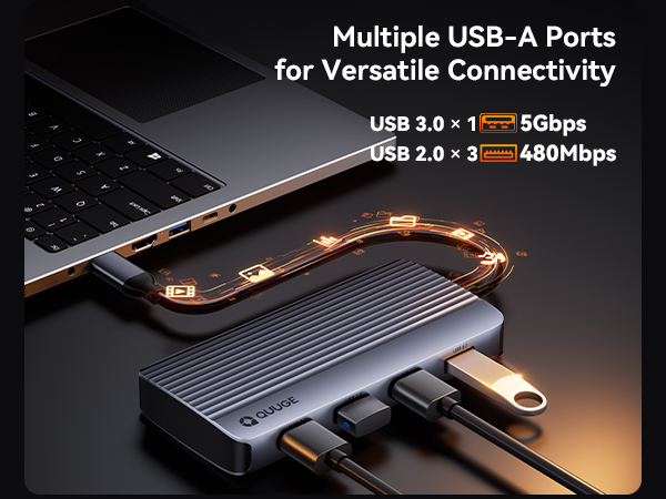 Text reads 'Multiple USB-A Ports for Versatile Connectivity'. Close-up images of illuminated USB ports on a laptop device.
