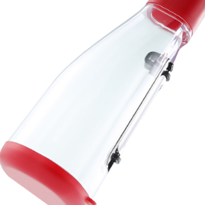 the bottle is made of plastic and has a red top.