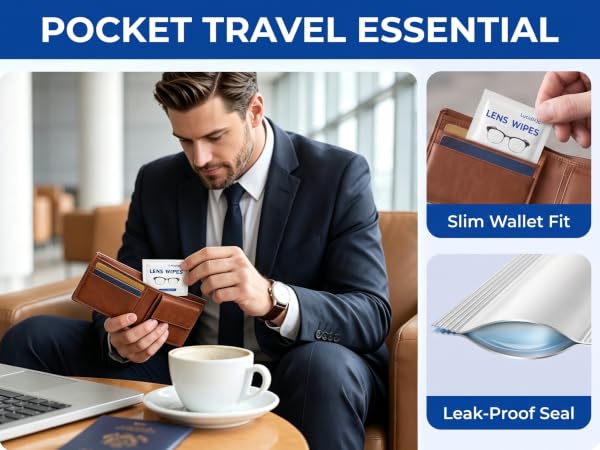 Text reads 'POCKET TRAVEL ESSENTIAL', 'Slim Wallet Fit', 'Leak-Proof Seal'. Man in business suit holding brown leather slim wallet at desk with coffee cup. Product features compact design and water-resistant seal.