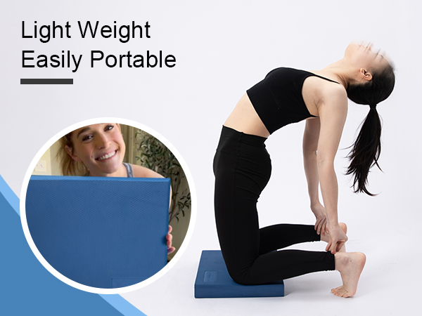Blue yoga or exercise mat shown in use and close-up. Text highlights 'Light Weight Easily Portable' features.