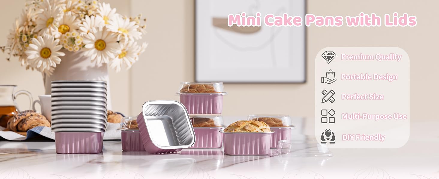 Mini Cake Pans with Lids (40 Pack) Aluminum Foil Square Cupcake Liners Brownie Baking Cups