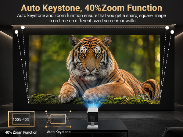 100%–40% Free Zoom, Auto Keystone Correction for Square Projection Images