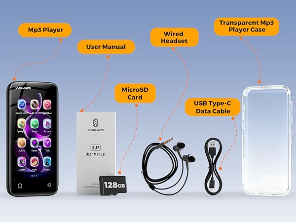 MP3 player with included accessories: 128GB card, charging cable, earbuds, and protective case.