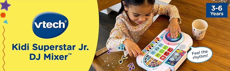 Kid drops a beat with VTech Kidi Superstar Jr. DJ Mixer. Toy says: Feel the rhythm! 3-6 years.