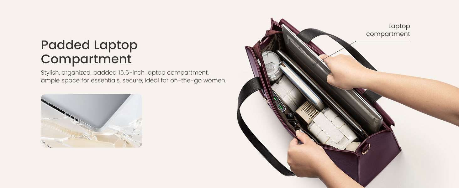 Multi-compartment tote bag with padded laptop sleeve and organized pockets for easy storage