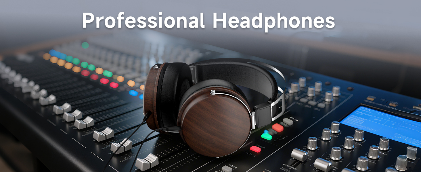 professional studio headphones, walnut wood finish, wired monitor headset, 50mm drivers