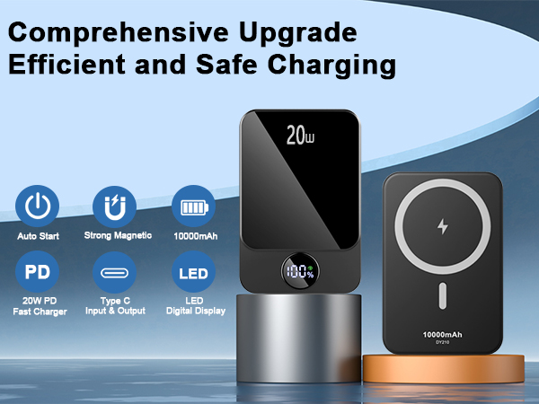 Wireless charging device with digital display showing 20W PD fast charging capability, Type-C port, and LED display features.