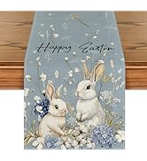 Artoid Mode Bunny Rabbit Hydrangea Happy Easter Table Runner, Seasonal Spring Kitchen Dining Tabl...