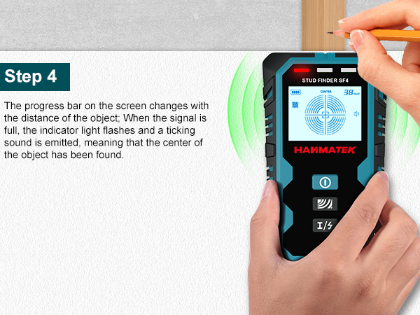 Text reads 'Step 4'. Product interface screenshots showing digital display with blue icons and measurement indicators, demonstrating device functionality.