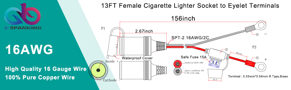 Car Female Cigarette Lighter Plug Socket to Eyelet Terminals 12V Extension Cable