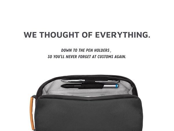 top of a tech travel pouch with a pen holder