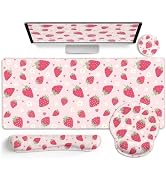 LIMKRIAN Strawberry Mouse Pad Large Desk Mat Set, Pink Ergonomic Mouse Pad | Wrist Rest for Compu...