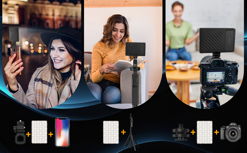 Composite image showing smartphone lighting accessories: LED panels, phone mounts, and camera equipment for content creation and mobile photography.
