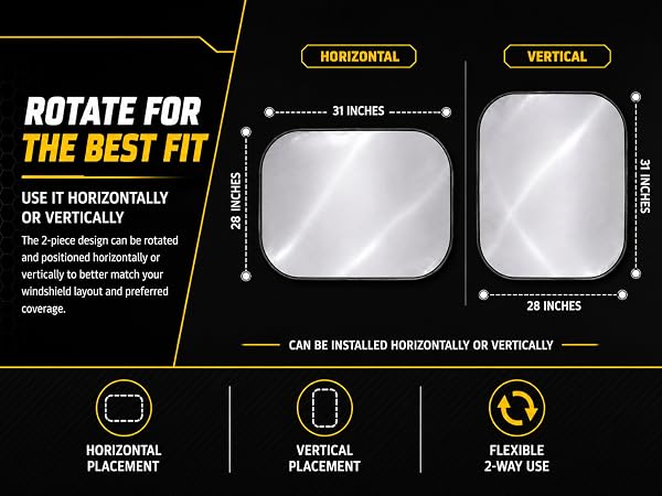 Two-piece windshield sunshade shown horizontally and vertically for flexible fit.