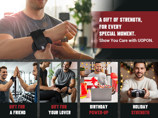 Showing the UOPON lifting straps as the perfect gift for men, ideal for birthdays, holidays.