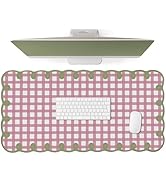 Cute Pink Green Scalloped Desk Mat Checkered Large Mouse Pad Retro Cozy Vintage Cottagecore Aesth...