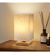 Small Square Bedside Table Lamp for Bedroom, Minimalist Wood Base &amp; Round Fabric Shade, Mini Cute...
