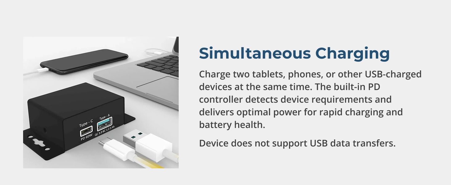 Compact USB-C PD power adapter charging phone and laptop simultaneously on desktop