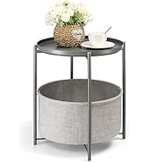 danpinera Round Side Table with Fabric Storage Basket, Metal Side Table Small Bedside Table Night...