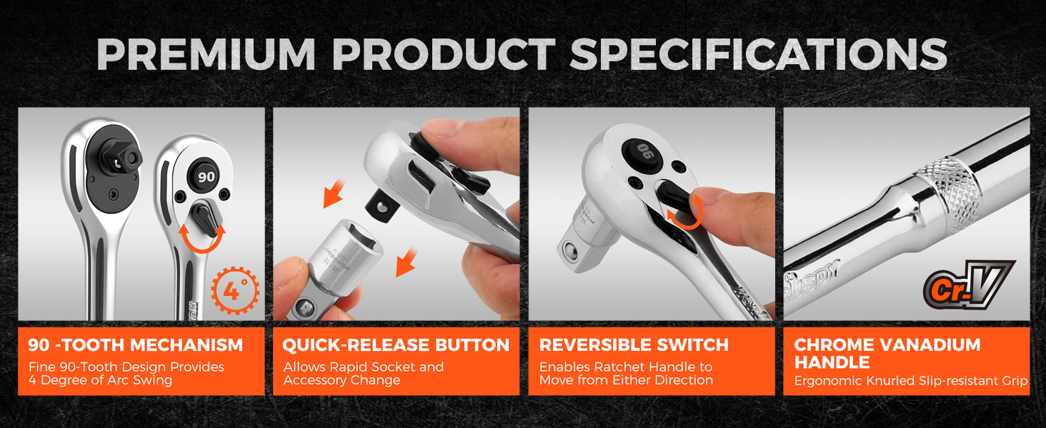 3/8&amp;#34; Drive 90T Quick-Release Ratchet Handle