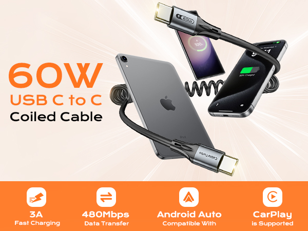 60W USB C to C Coiled Cable