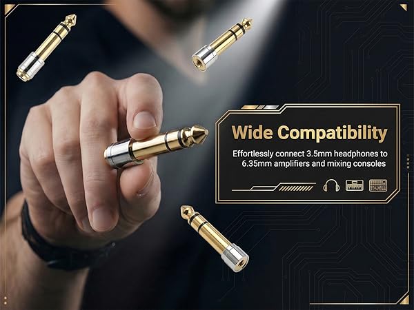 6.35mm male to 3.5mm female jack adapter for headphones and amplifiers.