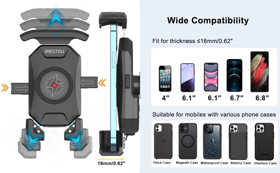 iMESTOU Motorcycle Qi Phone Mount for Phones with Otterbox Case