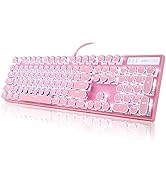 Typewriter Style Mechanical Gaming Keyboard, Pink Retro Punk Gaming Keyboard with White Backlit, ...