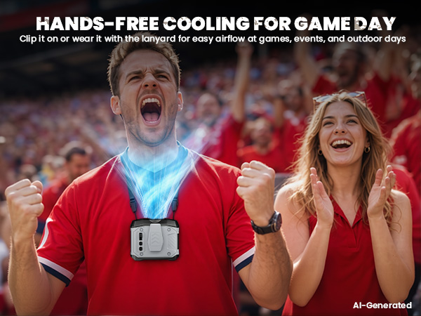 Man wearing a portable waist fan for hands-free cooling at a game