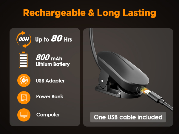 Long Lasting &amp;amp; USB Rechargeable book light Up to80H with 800 mAh Battery