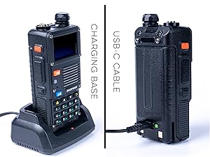 BF-F8HP PRO radio with dual charging options: charging base or USB-C cable for flexible recharging.