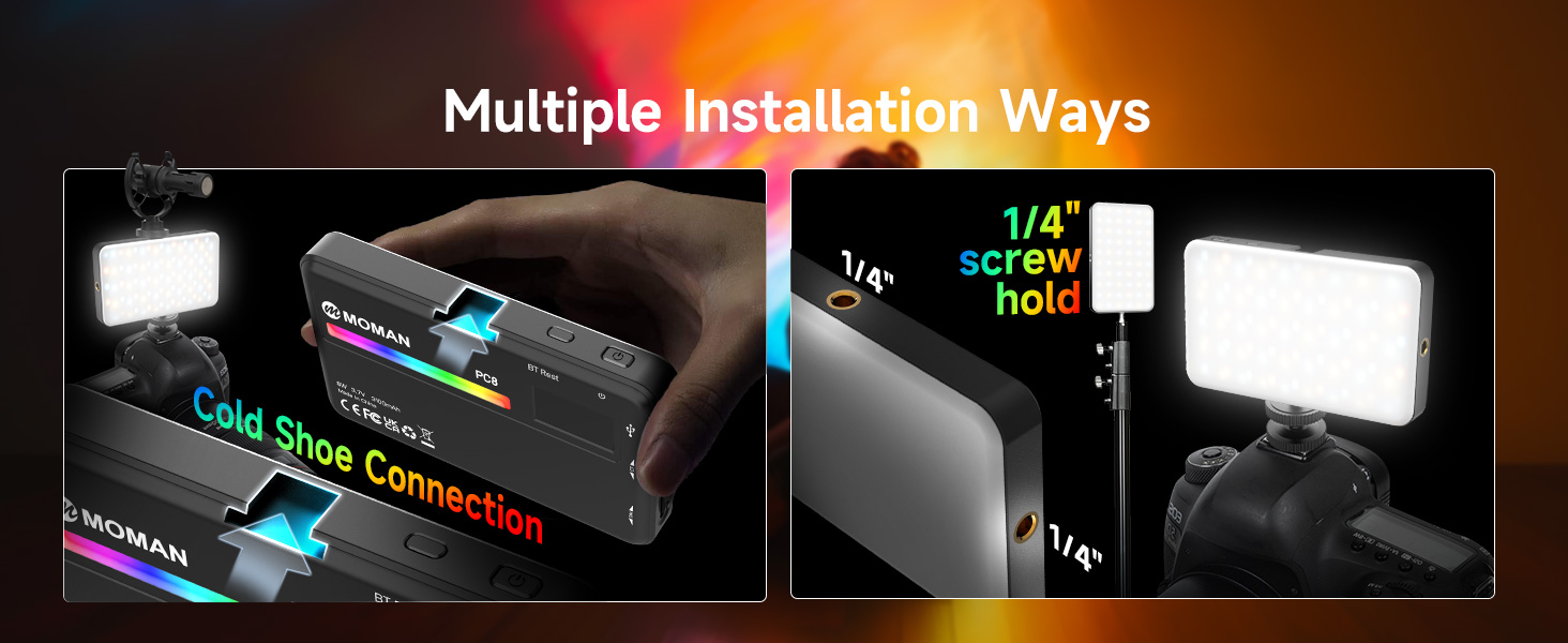 LED light installation guide showing multiple mounting options with cold shoe connection and various screw attachment methods.